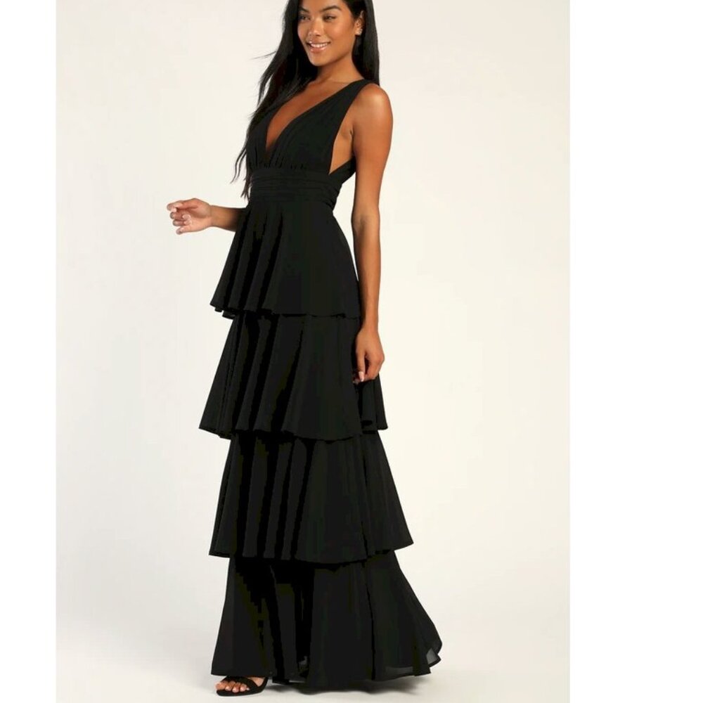 Tiered V-Neck Black Evening Dress - Lulus size M (6-8)